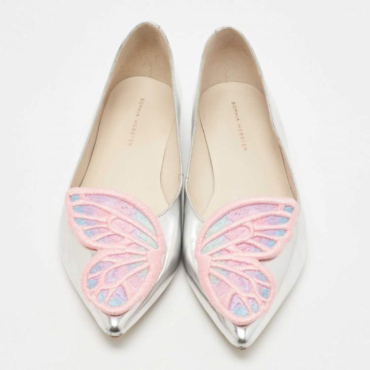 Pre Owned Sophia Webster Silver Leather Bibi Butterfly Ballet Flats Size 40.5