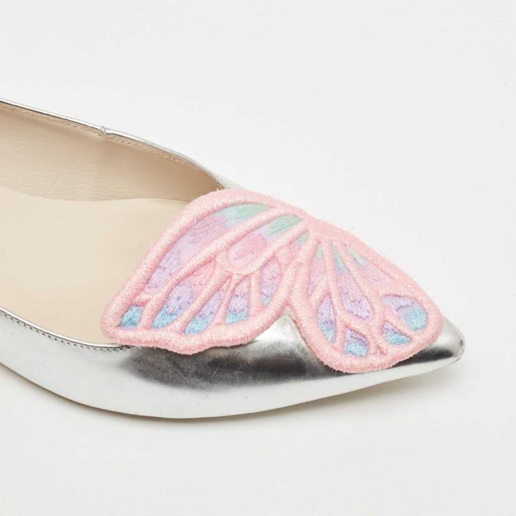 Pre Owned Sophia Webster Silver Leather Bibi Butterfly Ballet Flats Size 40.5