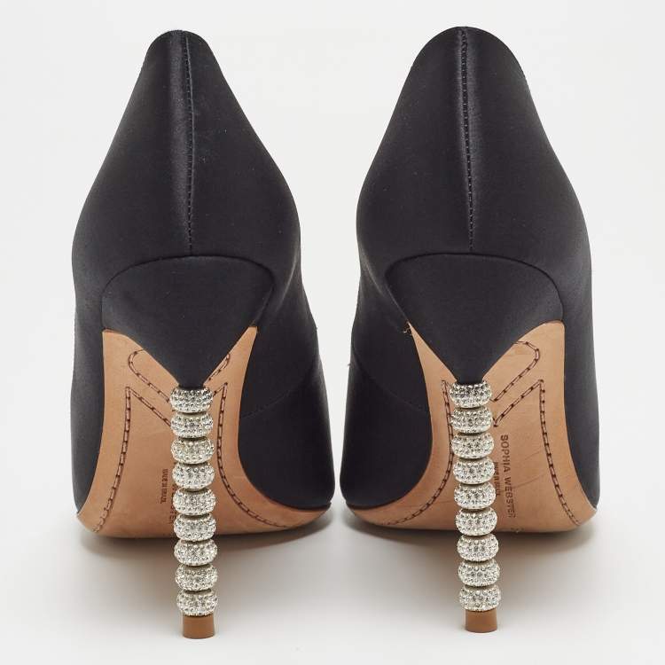 Pre Owned Sophia Webster Black Satin Coco Crystal Embellished Pointed Toe Pumps Size 39.5