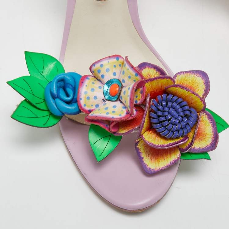 Pre Owned Sophia Webster Multicolor  Leather Lilico Floral Embellished Ankle Strap Sandals Size 38.5