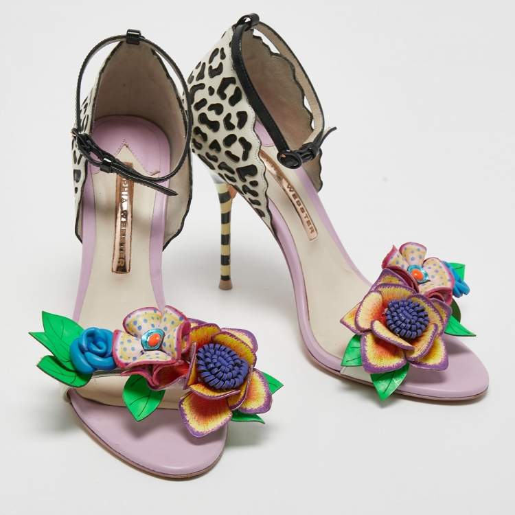 Pre Owned Sophia Webster Multicolor  Leather Lilico Floral Embellished Ankle Strap Sandals Size 38.5