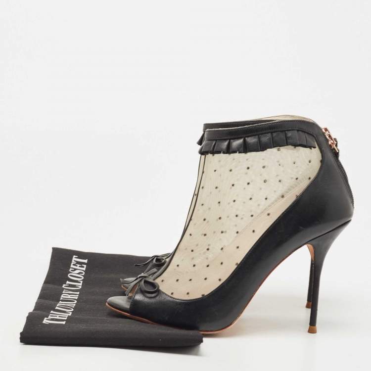 Pre Owned Sophia Webster Black Leather and Mesh Open Toe Ankle Boots Size 38.5