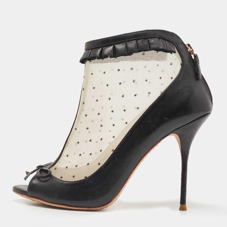 Pre Owned Sophia Webster Black Leather and Mesh Open Toe Ankle Boots Size 38.5