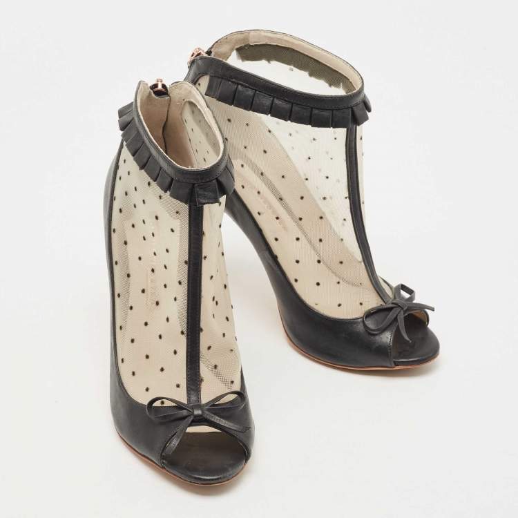 Pre Owned Sophia Webster Black Leather and Mesh Open Toe Ankle Boots Size 38.5