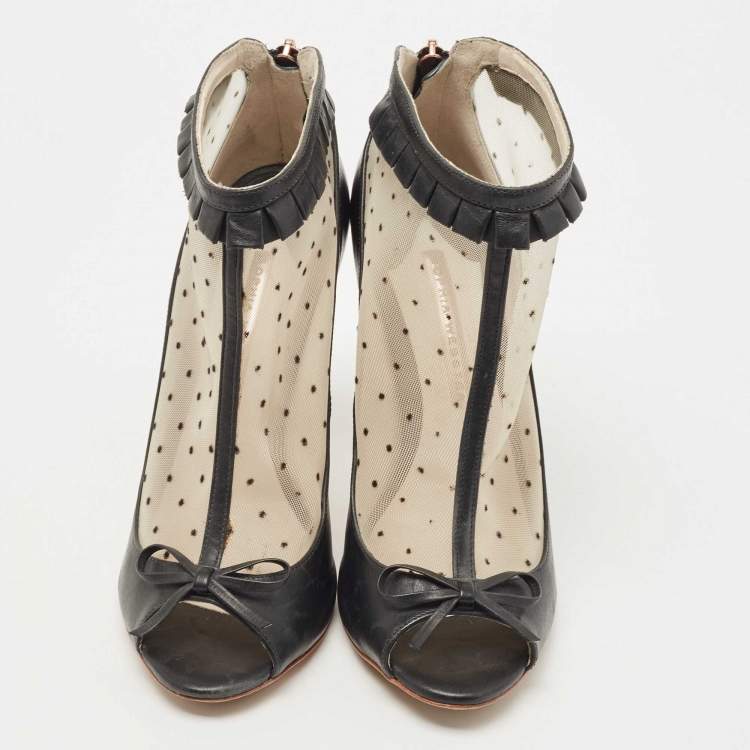 Pre Owned Sophia Webster Black Leather and Mesh Open Toe Ankle Boots Size 38.5