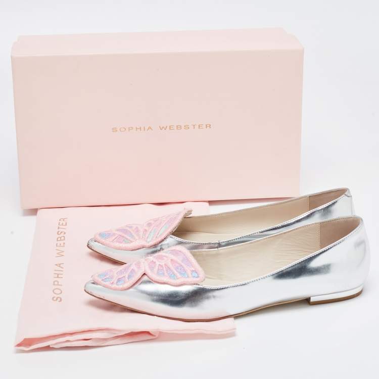 Pre Owned Sophia Webster Silver Leather Bibi Butterfly Ballet Flats Size 39.5