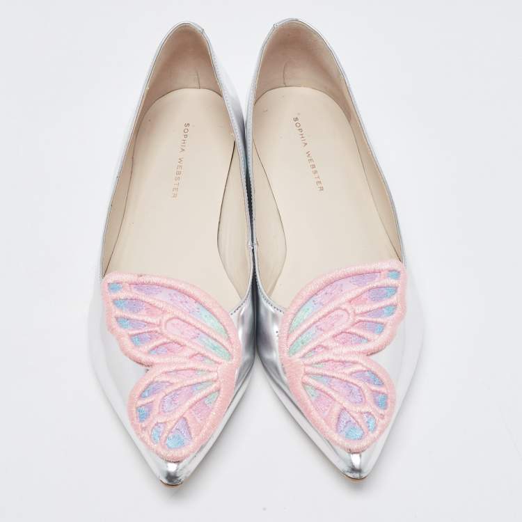 Pre Owned Sophia Webster Silver Leather Bibi Butterfly Ballet Flats Size 39.5