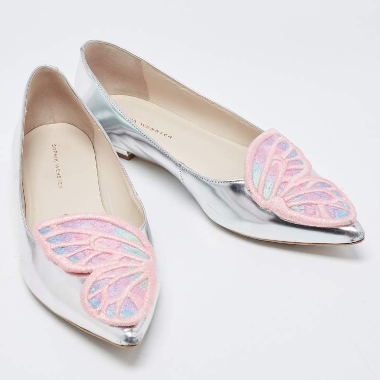 Pre Owned Sophia Webster Silver Leather Bibi Butterfly Ballet Flats Size 39.5