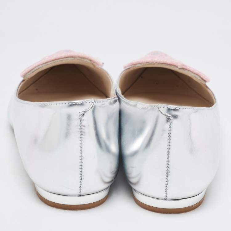 Pre Owned Sophia Webster Silver Leather Bibi Butterfly Ballet Flats Size 39.5