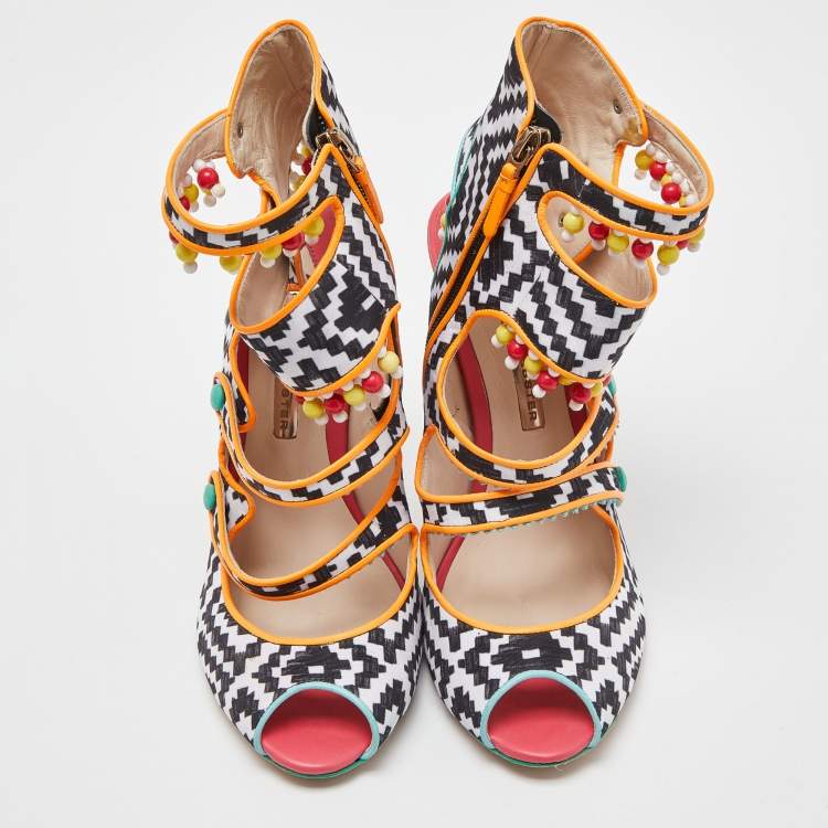 Pre Owned Sophia Webster Multicolor Fabric Cut Out Beaded Caged Sandals Size 40