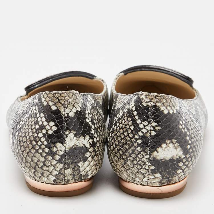 Pre Owned Sophia Webster Beige Snakeskin Embossed Leather Bibi Butterfly Pointed Toe Ballet Flats Size 38.5