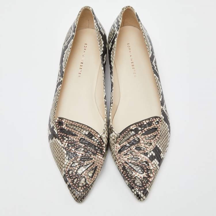 Pre Owned Sophia Webster Beige Snakeskin Embossed Leather Bibi Butterfly Pointed Toe Ballet Flats Size 38.5