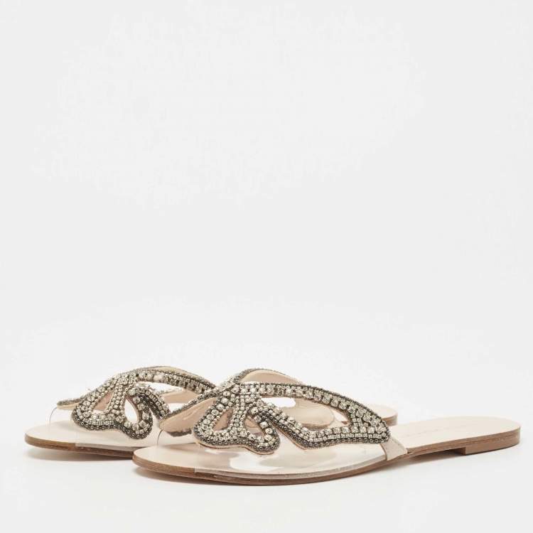 Pre Owned Sophia Webster Cream PVC  Butterfly Crystal Embellished Madame Flat Slides Size 39