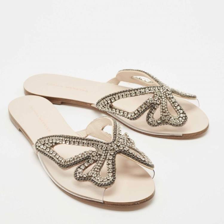 Pre Owned Sophia Webster Cream PVC  Butterfly Crystal Embellished Madame Flat Slides Size 39