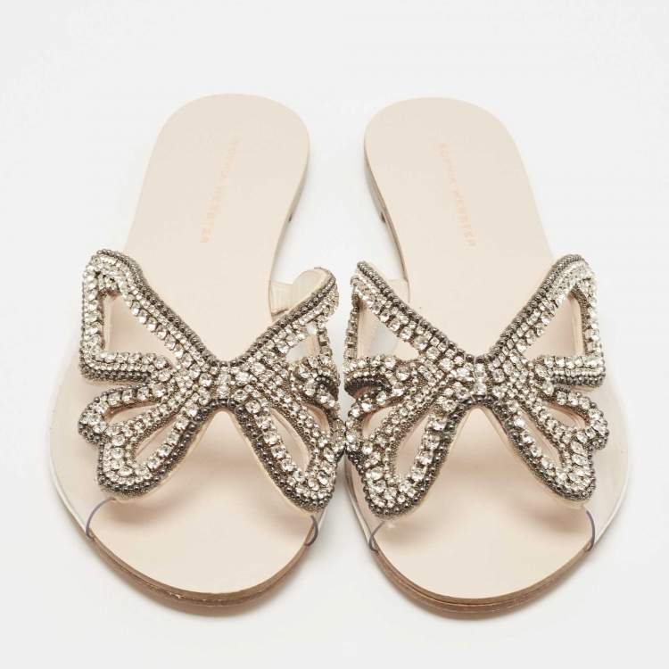 Pre Owned Sophia Webster Cream PVC  Butterfly Crystal Embellished Madame Flat Slides Size 39