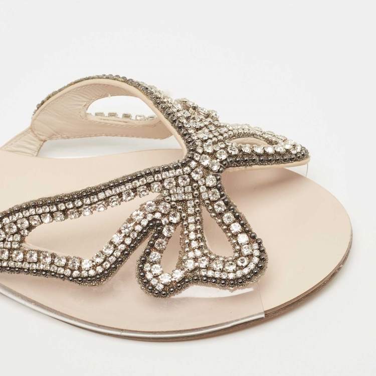 Pre Owned Sophia Webster Cream PVC  Butterfly Crystal Embellished Madame Flat Slides Size 39