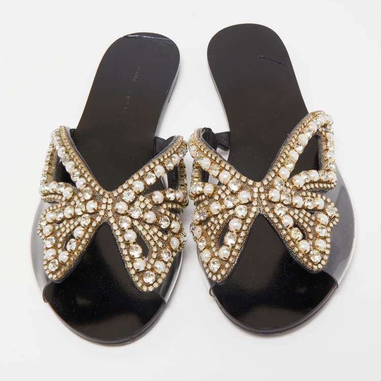 Pre Owned Sophia Webster Black Leather And PVC Madame Butterfly Flat Slide Size 37.5