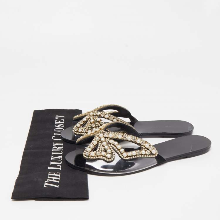 Pre Owned Sophia Webster Black Leather And PVC Madame Butterfly Flat Slide Size 37.5