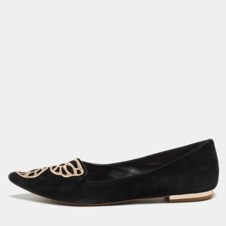 Pre Owned Sophia Webster Black/Rose Gold Suede Bibi Butterfly Ballet Flats Size 37