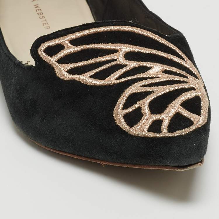 Pre Owned Sophia Webster Black/Rose Gold Suede Bibi Butterfly Ballet Flats Size 37