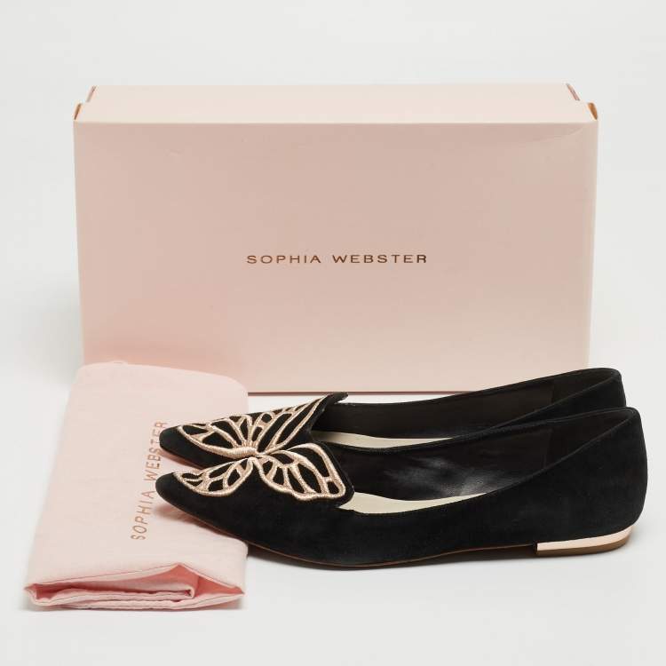 Pre Owned Sophia Webster Black/Rose Gold Suede Bibi Butterfly Ballet Flats Size 37