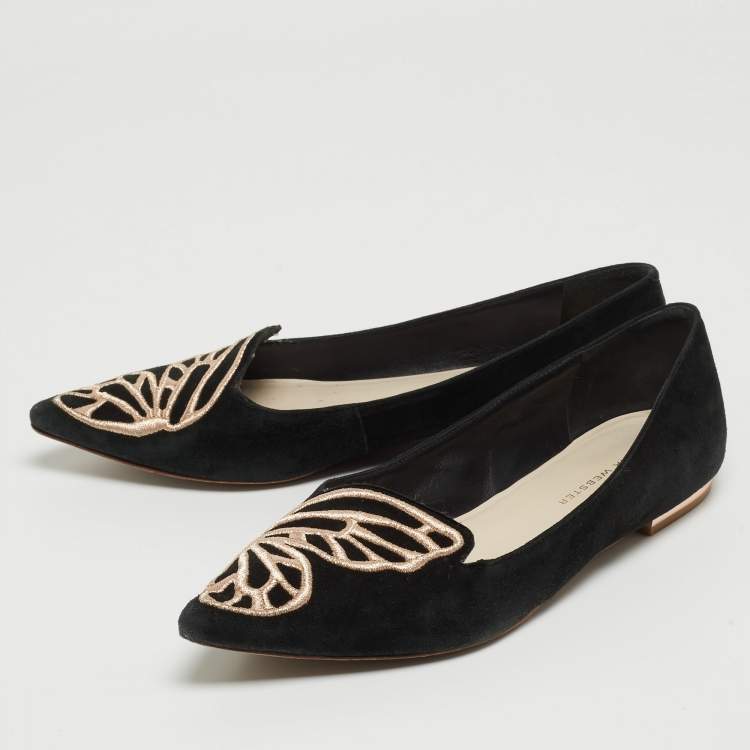 Pre Owned Sophia Webster Black/Rose Gold Suede Bibi Butterfly Ballet Flats Size 37
