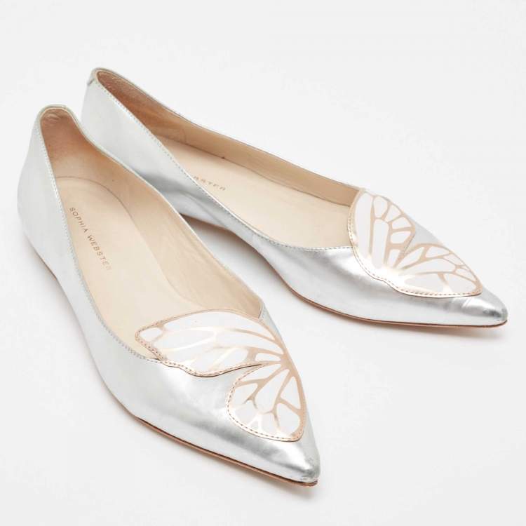 Pre Owned Sophia Webster Silver Leather Bibi Butterfly Smoking Slipper Size 38