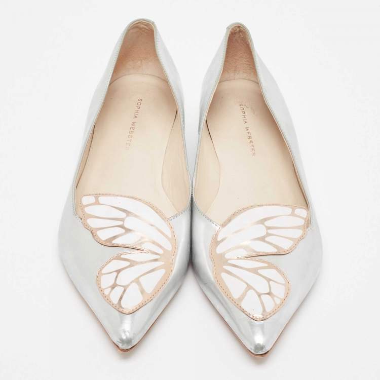 Pre Owned Sophia Webster Silver Leather Bibi Butterfly Smoking Slipper Size 38