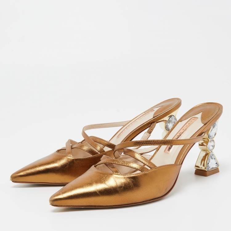 Pre Owned Sophia Webster Metallic Gold Leather Pointed Mules Size 38.5