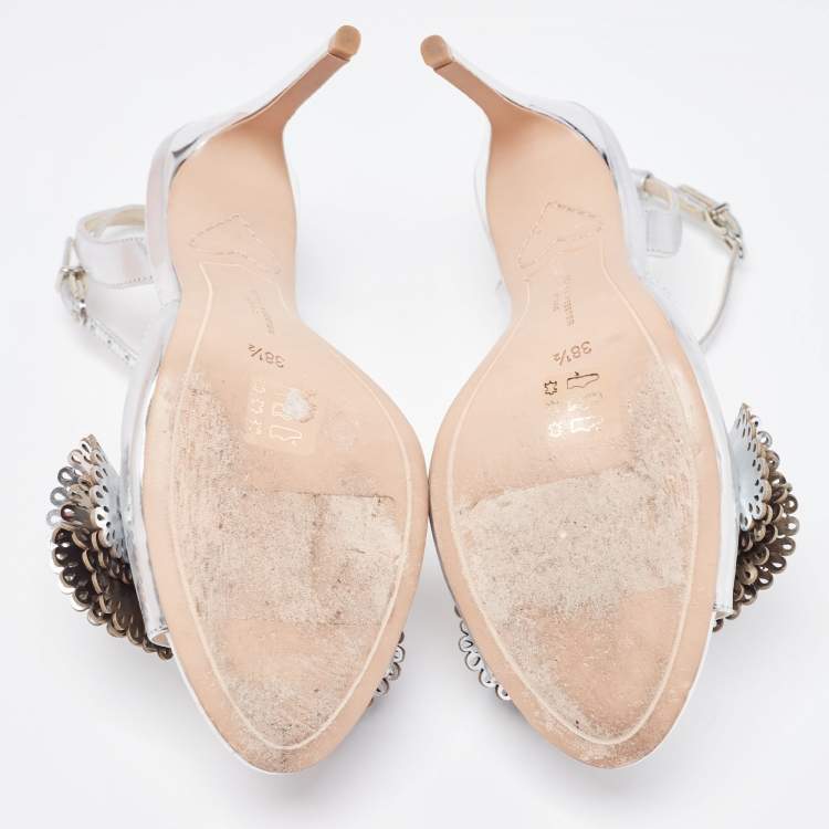 Pre Owned Sophia Webster Silver Foil Leather Lilico Floral Ankle Wrap Sandals Size 38.5