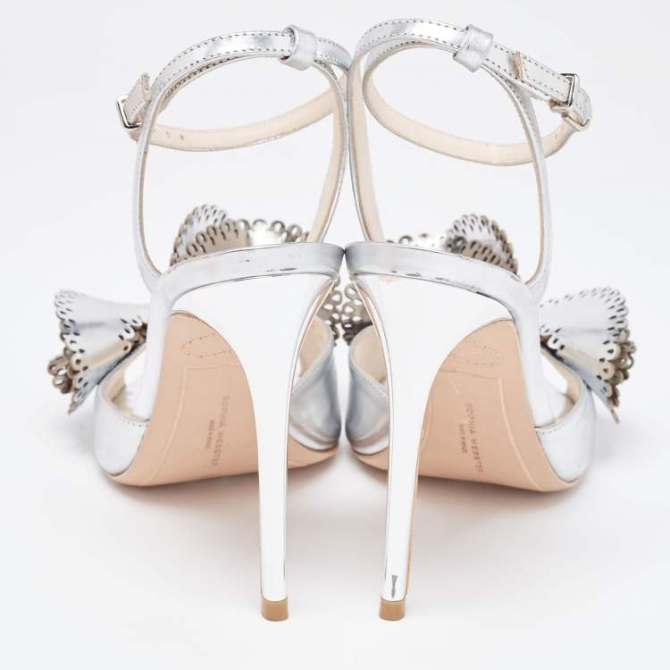 Pre Owned Sophia Webster Silver Foil Leather Lilico Floral Ankle Wrap Sandals Size 38.5