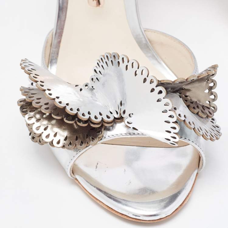 Pre Owned Sophia Webster Silver Foil Leather Lilico Floral Ankle Wrap Sandals Size 38.5