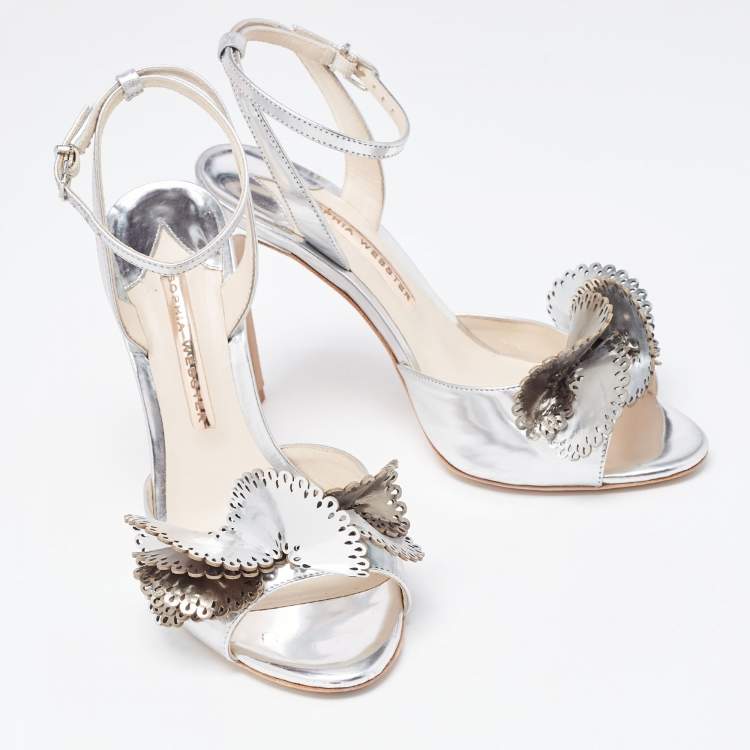 Pre Owned Sophia Webster Silver Foil Leather Lilico Floral Ankle Wrap Sandals Size 38.5