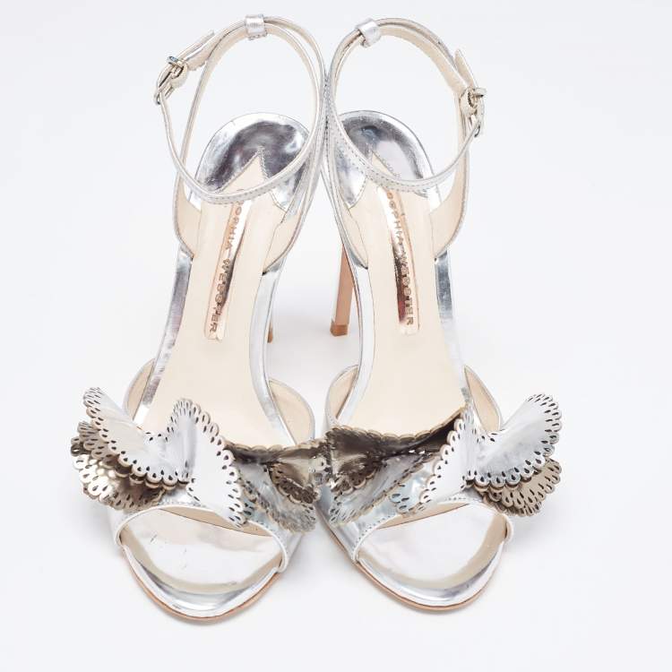 Pre Owned Sophia Webster Silver Foil Leather Lilico Floral Ankle Wrap Sandals Size 38.5