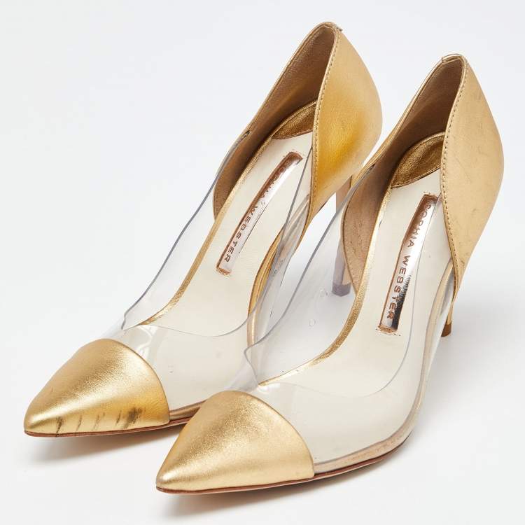 Pre Owned Sophia Webster Gold/Transparent Leather and PVC Pointed Toe Pumps Size 38.5