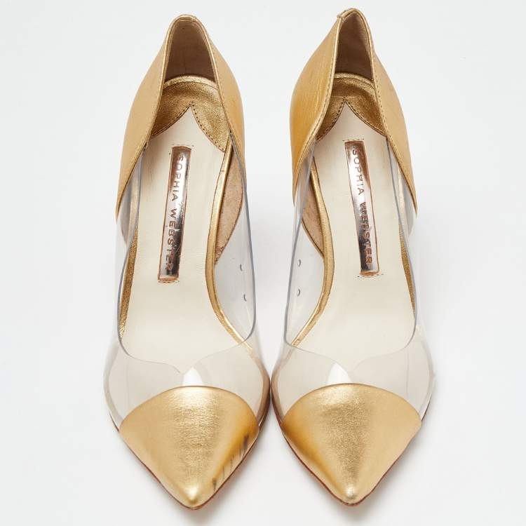Pre Owned Sophia Webster Gold/Transparent Leather and PVC Pointed Toe Pumps Size 38.5