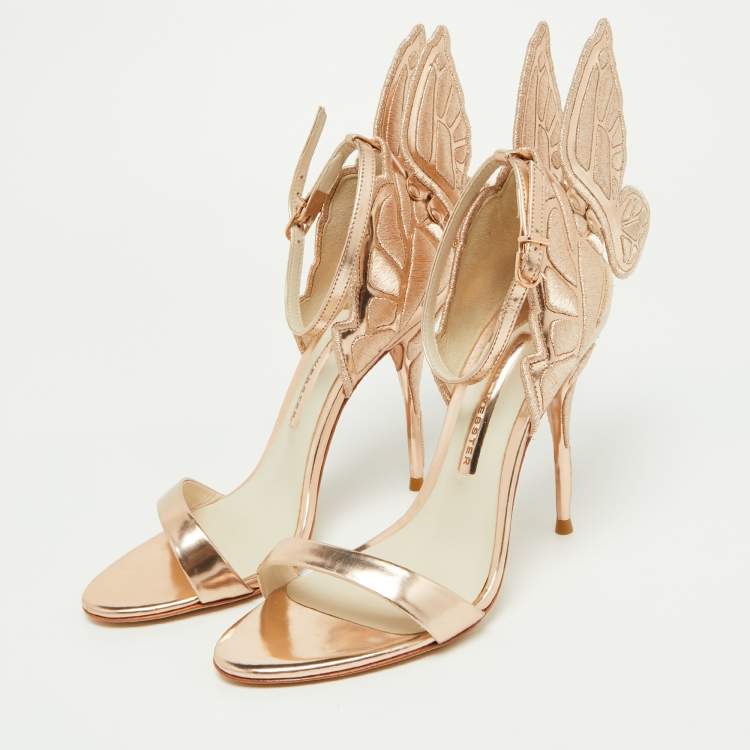 Sophia Webster Rose Gold Embroidered Leather Chiara Butterfly Ankle Strap Sandals Size 37.5 Sophia Webster TLC