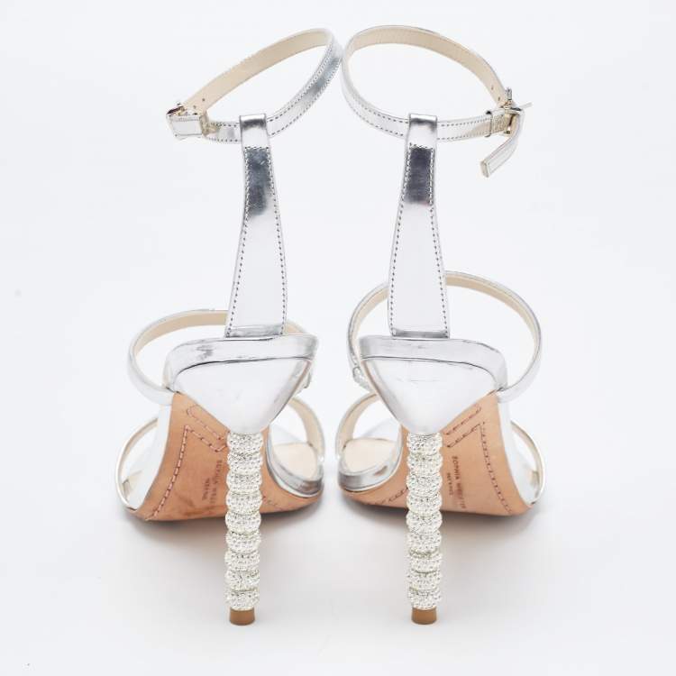 Pre Owned Sophia Webster Silver Patent Rosalind Ankle Strap Sandals Size 38.5