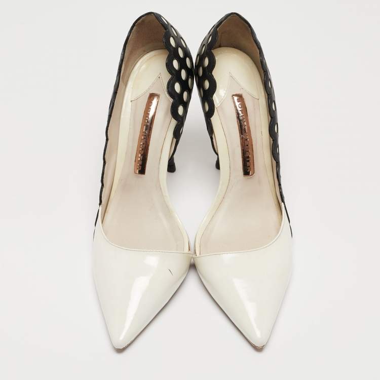Pre Owned Sophia Webster White/Black Patent and Laser Cut Leather Mika D'orsay Pumps Size 36.5