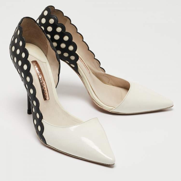 Pre Owned Sophia Webster White/Black Patent and Laser Cut Leather Mika D'orsay Pumps Size 36.5
