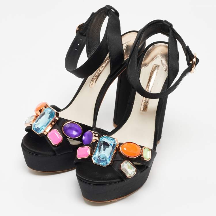 Pre Owned Sophia Webster Black Satin Amanda Gem Platform Sandals Size 38.5