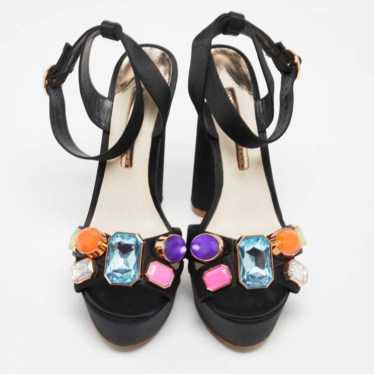 Pre Owned Sophia Webster Black Satin Amanda Gem Platform Sandals Size 38.5