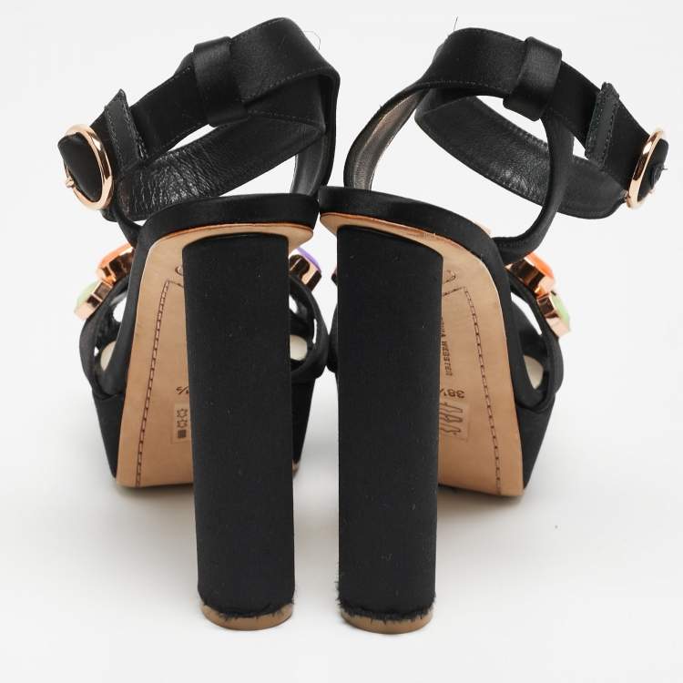 Pre Owned Sophia Webster Black Satin Amanda Gem Platform Sandals Size 38.5