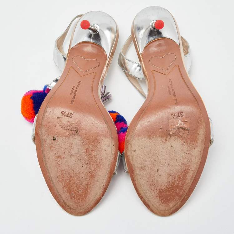 Pre Owned Sophia Webster Silver Laminated Leather Layla Pom Pom Embellished T-Strap Sandals Size 37.5