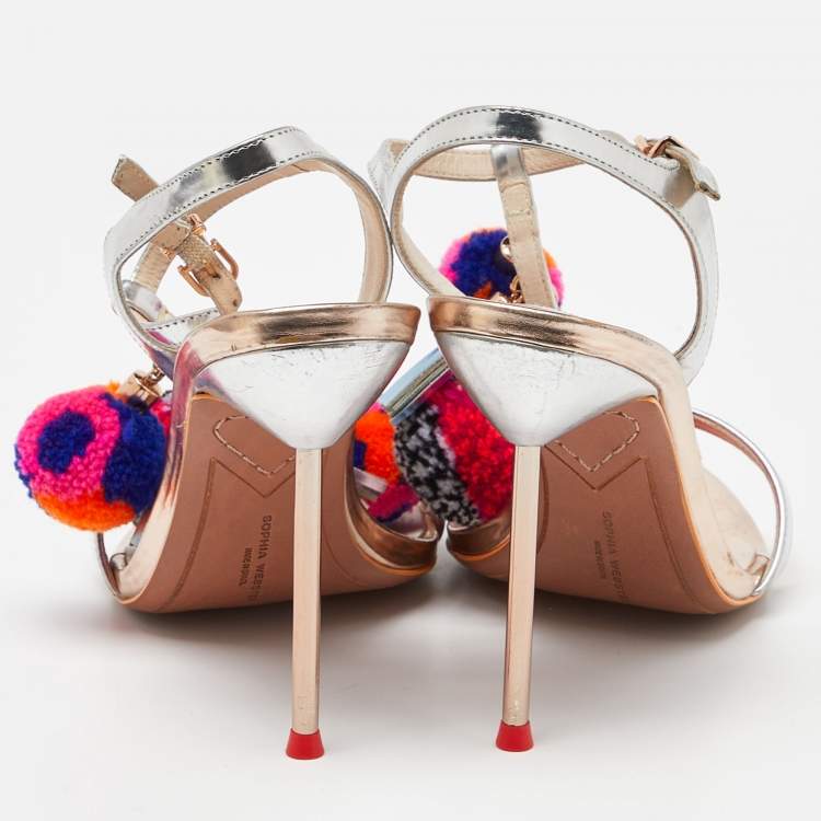 Pre Owned Sophia Webster Silver Laminated Leather Layla Pom Pom Embellished T-Strap Sandals Size 37.5
