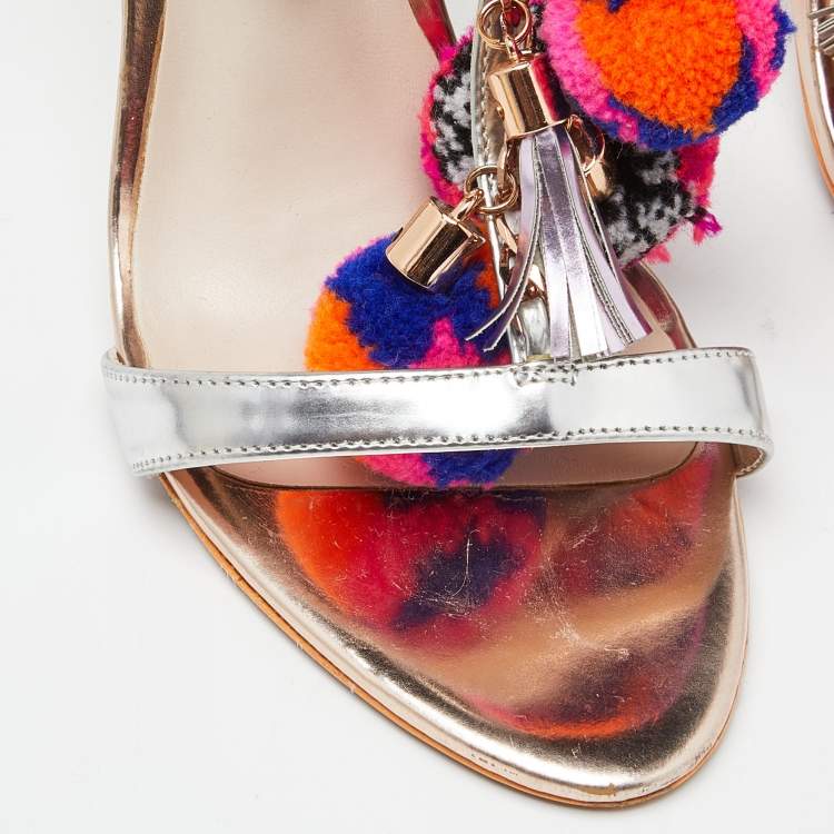 Pre Owned Sophia Webster Silver Laminated Leather Layla Pom Pom Embellished T-Strap Sandals Size 37.5