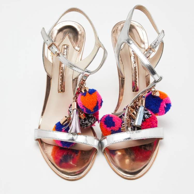Pre Owned Sophia Webster Silver Laminated Leather Layla Pom Pom Embellished T-Strap Sandals Size 37.5