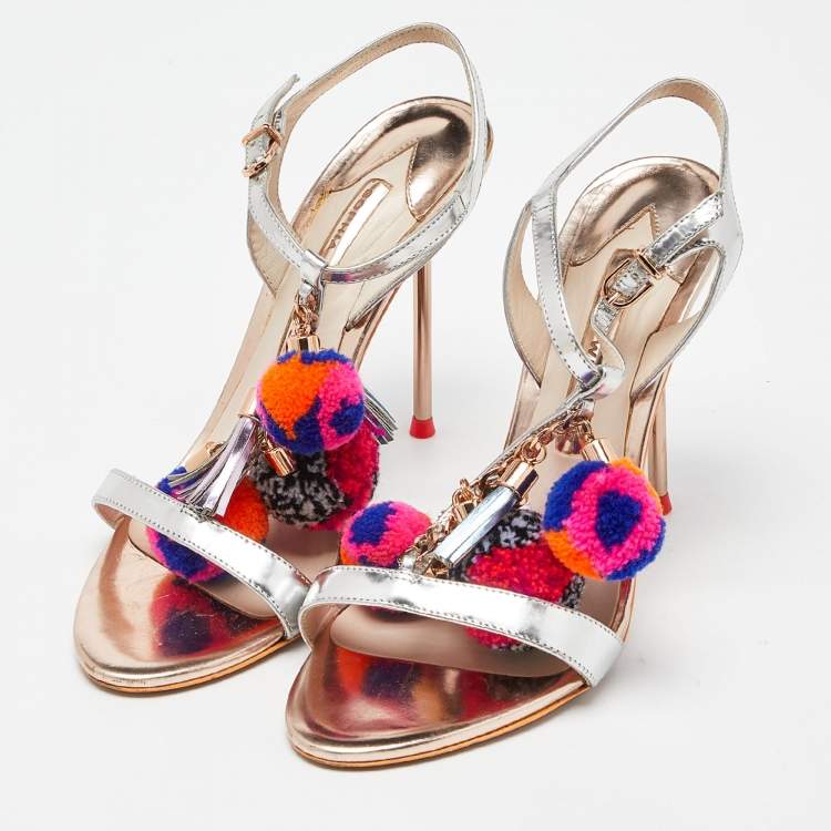 Pre Owned Sophia Webster Silver Laminated Leather Layla Pom Pom Embellished T-Strap Sandals Size 37.5