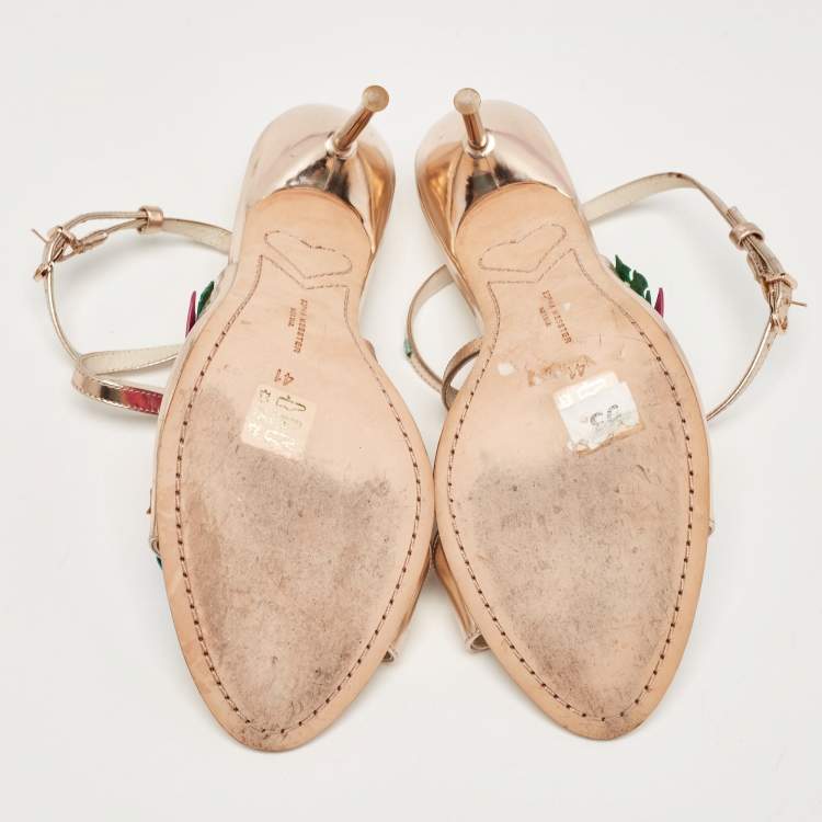 Pre Owned Sophia Webster Rose Gold Leather Floral Applique Hula Sandals Size 41