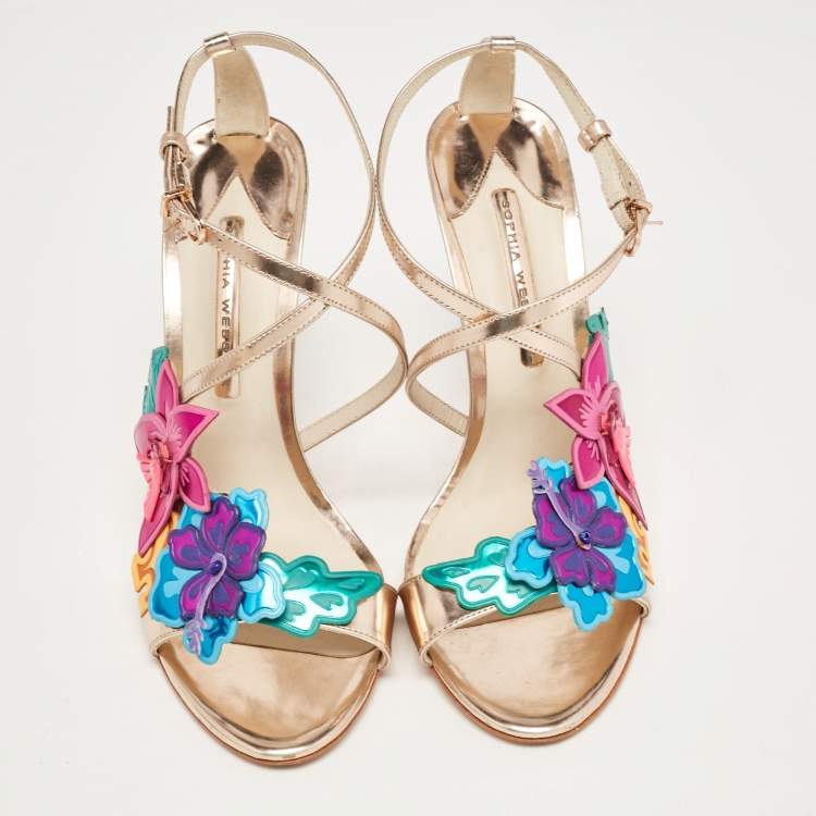 Pre Owned Sophia Webster Rose Gold Leather Floral Applique Hula Sandals Size 41